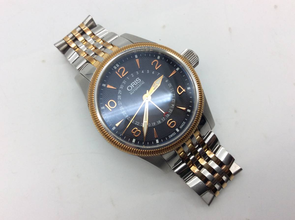 ♯6563　ORIS/オリス メンズ腕時計 ビッグクラウン ポインターデイト 裏スケ 稼働品 7679-43 オートマ 自動巻き 黒文字盤 コンビ ブランド_画像1