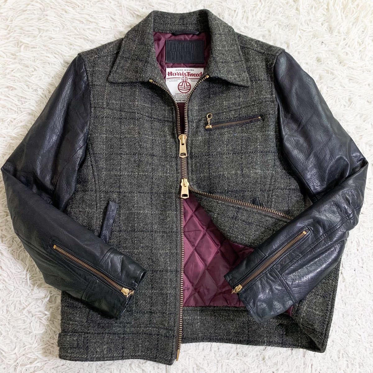 極美品 JACKROSE HarrisTweed ジャックローズ ハリスツイード スタジャン ジャケット 中綿キルティング 本革 ブルゾン チェック_画像1