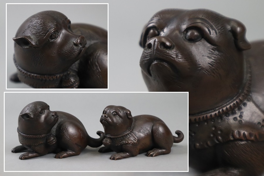 時代金工 古銅 犬一対 置物 1539g 箱付 銅製 細密細工 古美術品[b1176]