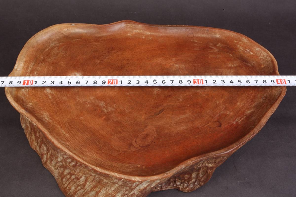 5125 名士お屋敷より 重量感のある 水盤 木製水盤 水石 自然 切株細工 讃岐彫り 木目 3.3kg 約幅40cm _画像3