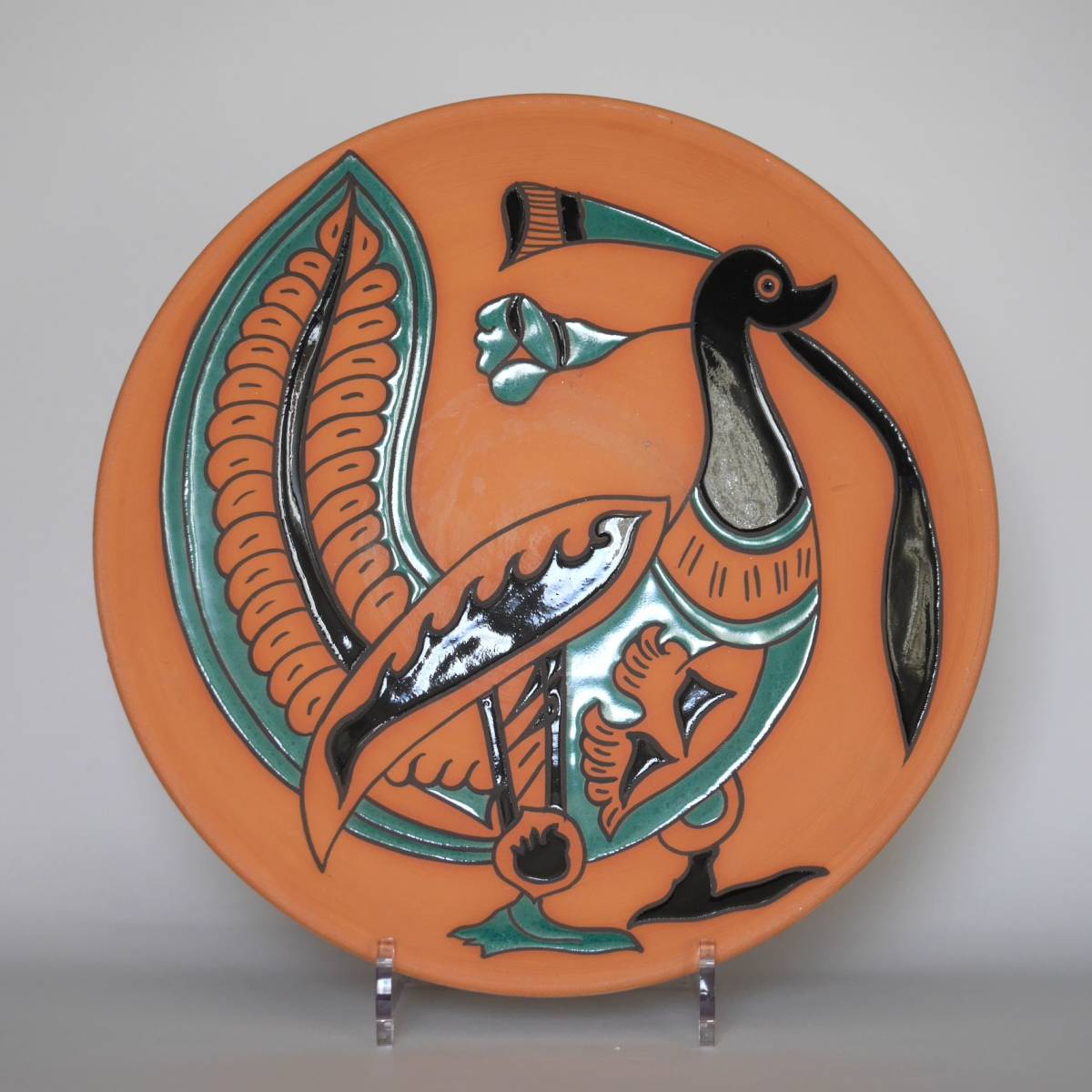 南欧陶器 スペイン アンダルシア 「孔雀の飾皿」 Ceramica Califal Wallada, La Rambla Cordoba SPAIN_スタンドは付属しません
