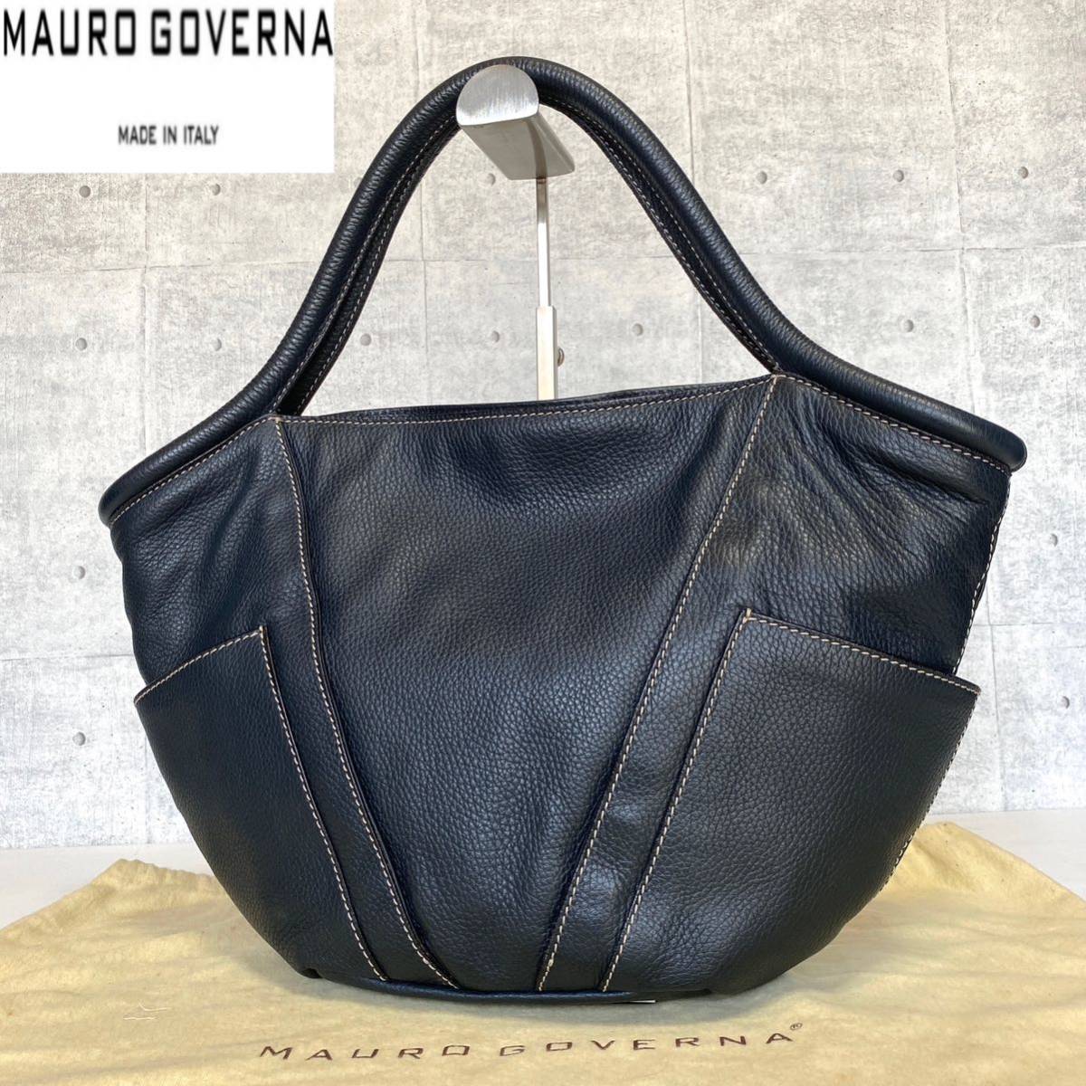 美品 MAURO GOVERNA BORSA5120 ダークネイビー トリヨンレザー マウロ