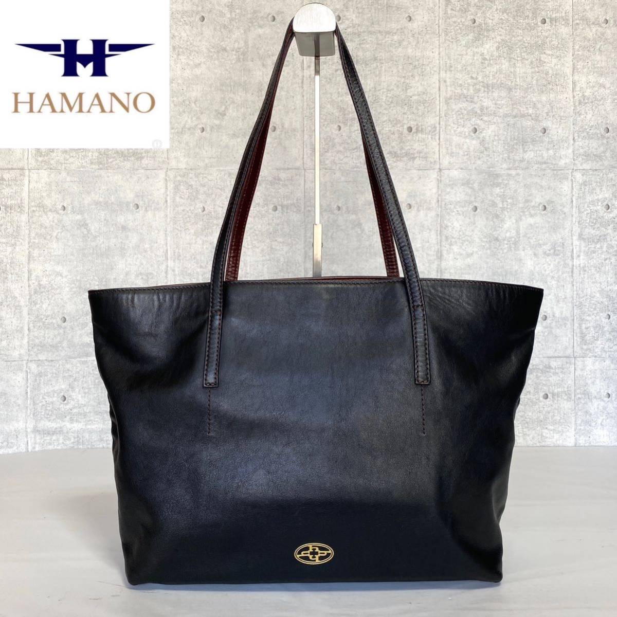 美品 HAMANO ハマノ 濱野皮革工藝 皇室御用達 ブラック 黒 肩掛け ゴールド金具 ハンドバッグ トート ショルダー レザー A4収納可能_画像1