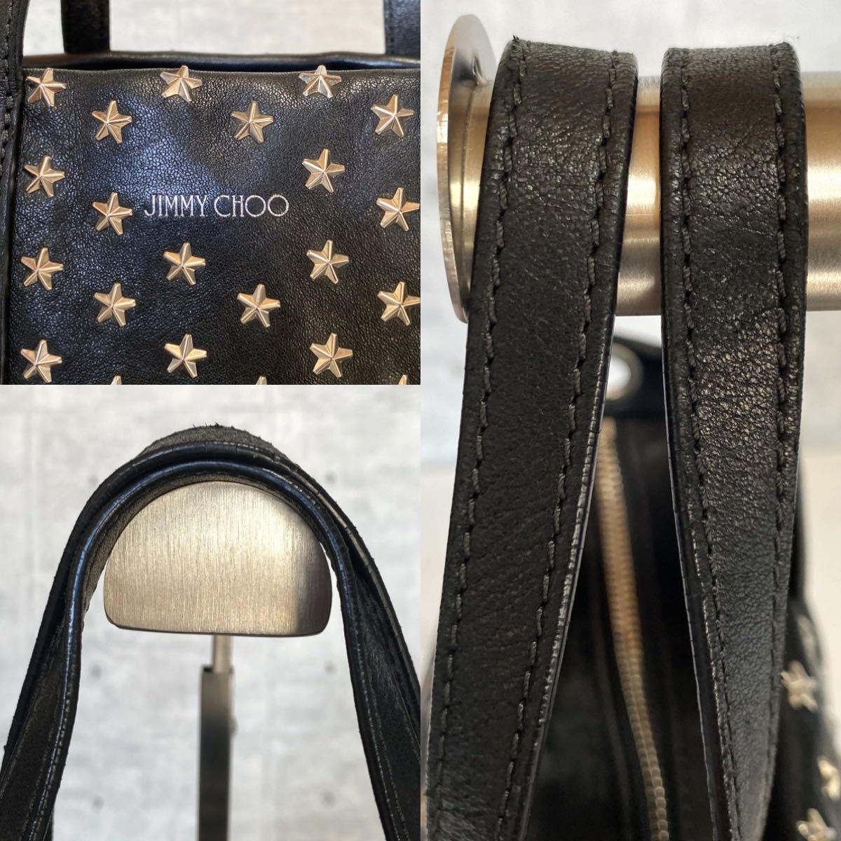 JIMMY CHOO MINI SARA BLACK ブラック 黒 ミニサラ ジミーチュウ シルバー スタースタッズ ハンドバッグ トートバッグ ショルダー レザー