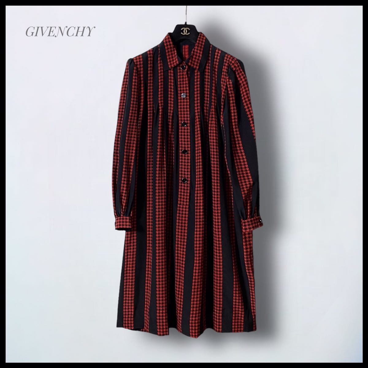 GIVENCHY】シルク100% 総柄 ワンピース 膝丈 シャツワンピース 長袖
