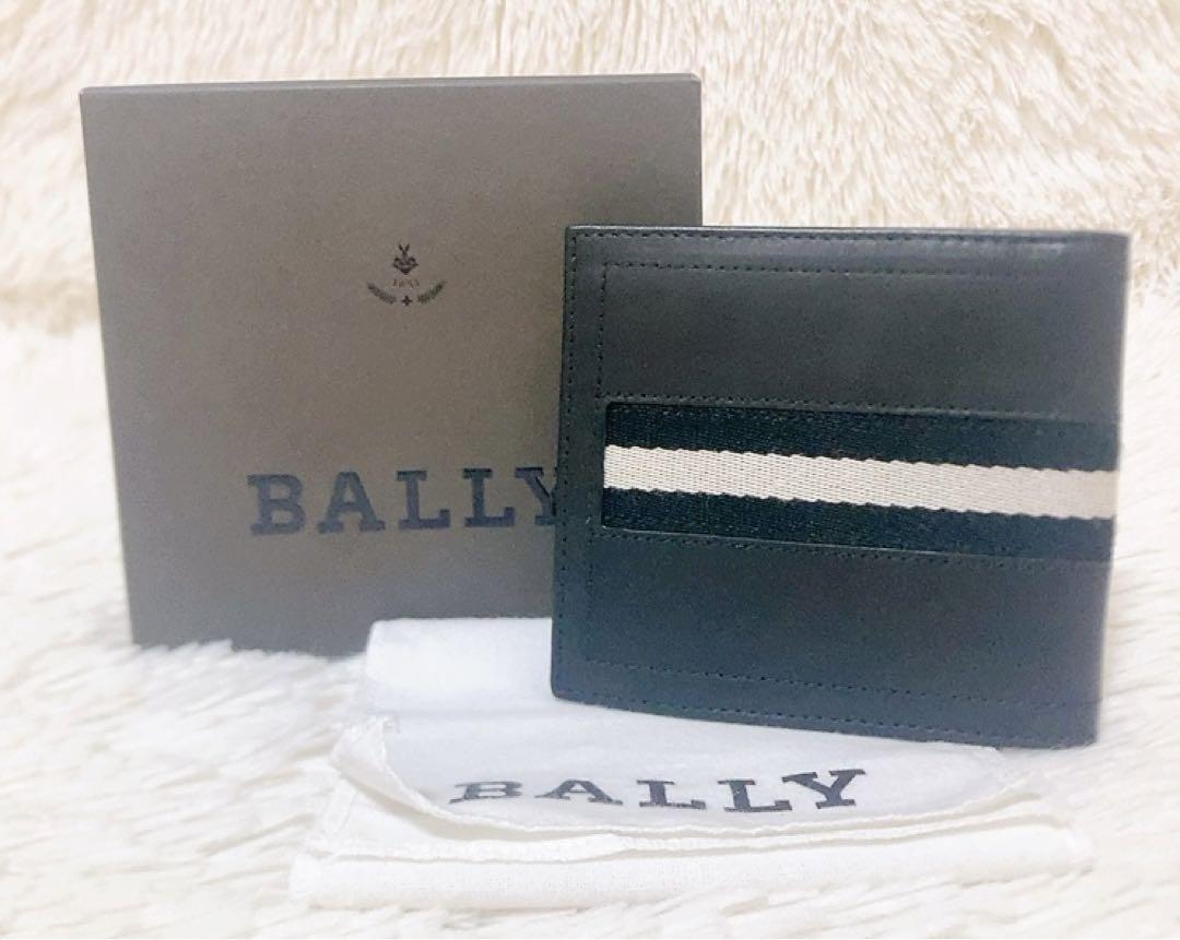 美品BALLY バリー　2つ折り財布　ストライプ　レザー　ブラック_画像1