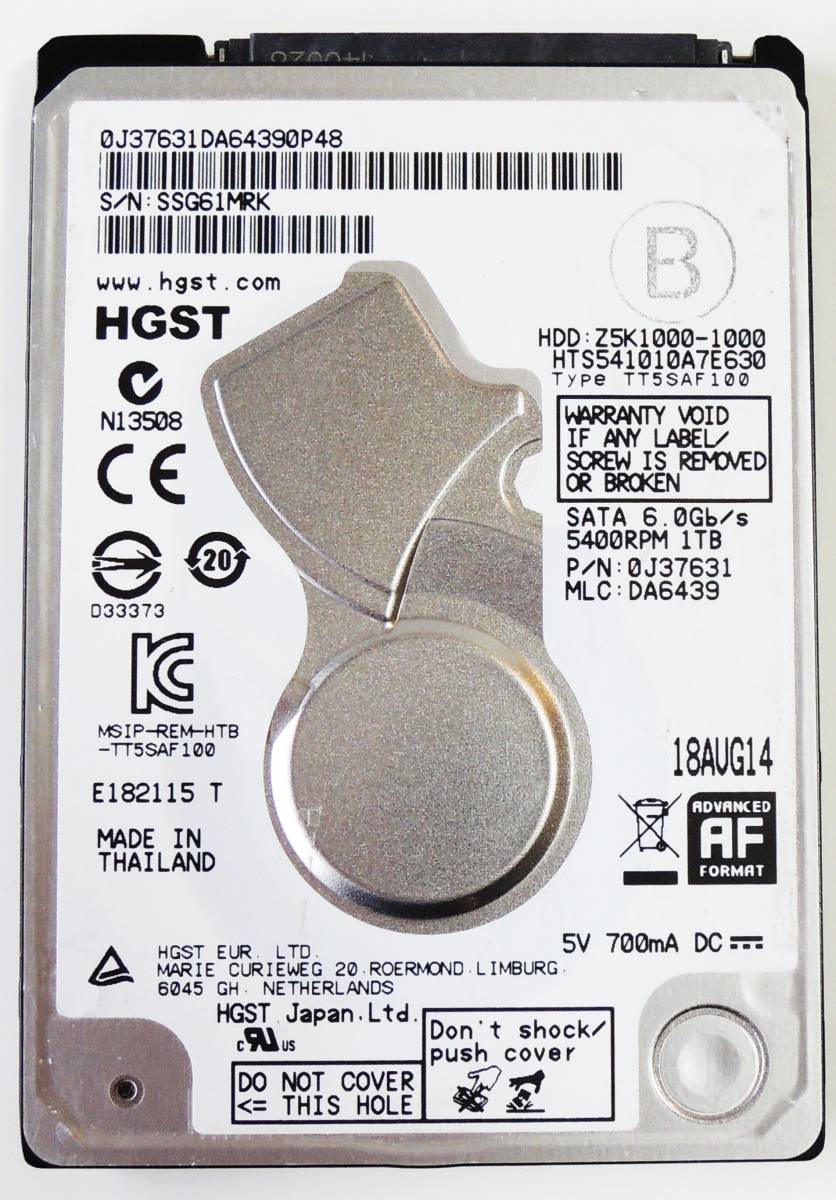 368時間◆HGST 1TB 2.5インチHDD HTS541010A7E630 Serial ATA 600 正常品 使用時間368時間_画像2