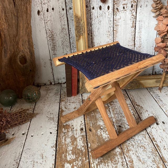 送料無料　ヴィンテージ　木製 編座 フォールディング チェア　折り畳み スツール 椅子 いす イス　キャンプ アウトドア ビンテージ 古道具