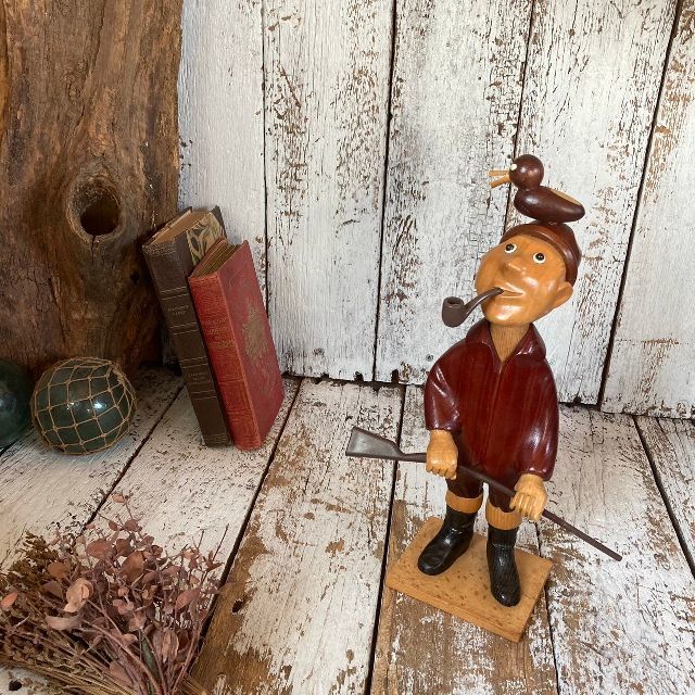 ～80s イタリア ヴィンテージ ROMER ロメール 木彫り 人形 ハンター 猟師 木目 木製 置物 ハンドメイド 彫刻 伊 ビンテージ アンティーク