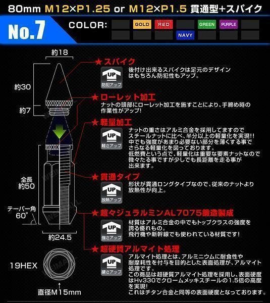 Durax正規品 アルミ製 ホイールナット P1.5 スパイクナット 紫 20個 アルミ ホイール ナット レーシングナット_50mm 貫通型+スパイクナット 30mm