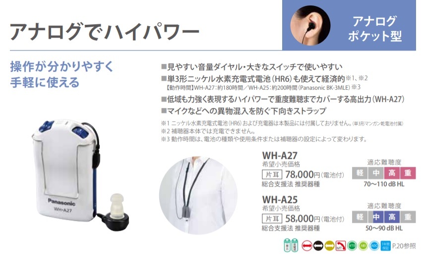松下袖珍型模擬助聽器WH-A 27 原文:パナソニック ポケット型 アナログ補聴器 WH-A27　