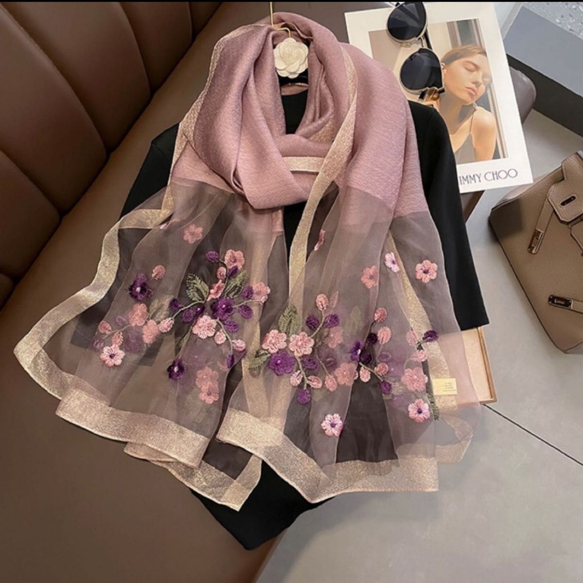 大判スカーフ 大判ストール シルク ウール 刺繍 花柄2 レース 大判スカーフ 大判ストール シルク ウール 刺繍 花柄2 レース