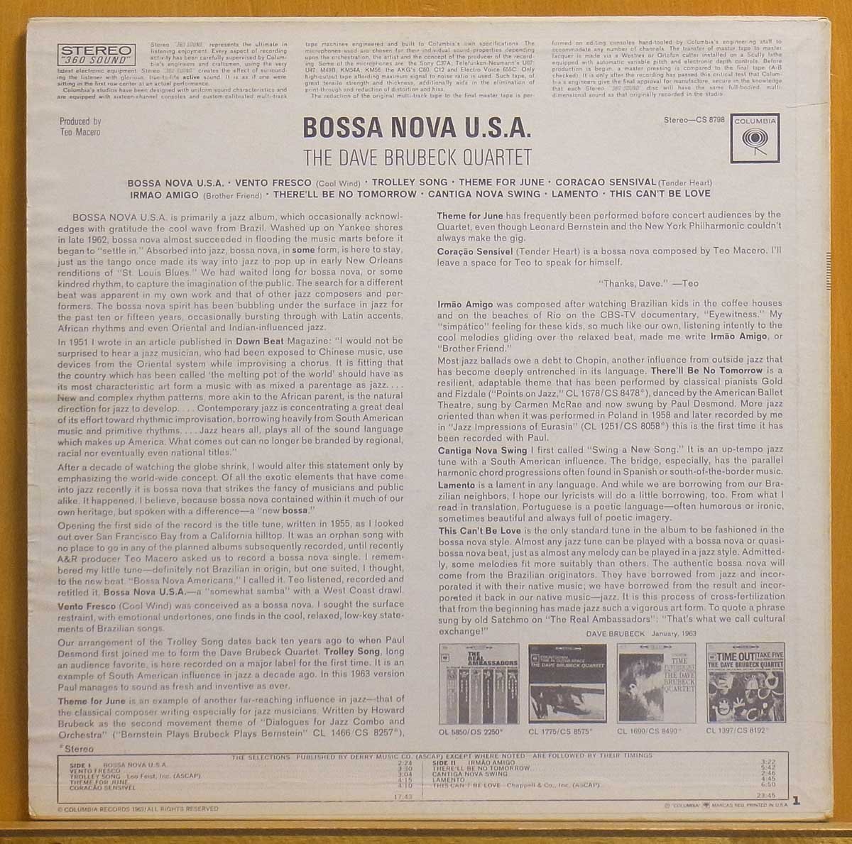 ●ダブル洗浄済!★Dave Brubeck(デイブ・ブルーベック)『Bossa Nova U.S.A.』 USオリジLP #61196の画像2