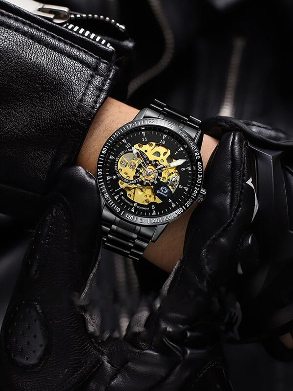 腕時計 メンズ 機械式 1個 ブラック ステンレス鋼 ストラップ ビジネス ラウンド ダイヤル メカニカルウォッチ , 日常_画像3