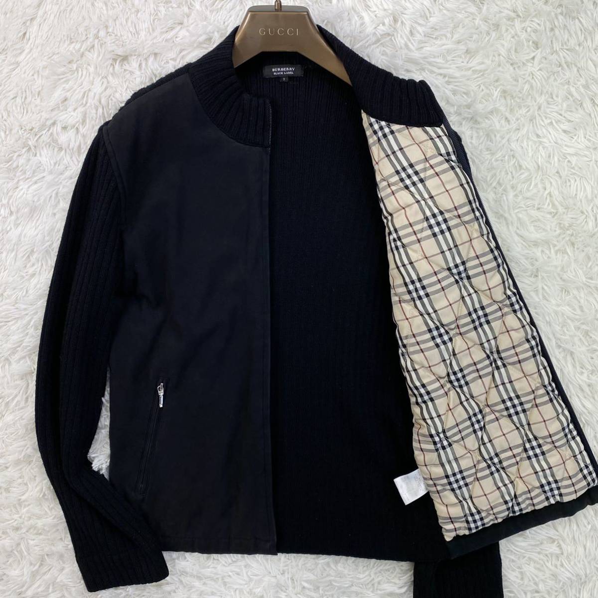 極美品! バーバリーブラックレーベル BURBERRY BLACK LABEL ドライバーズニット ブルゾン 中綿キルティング 裏地ノバチェック 黒 2 M位_画像1