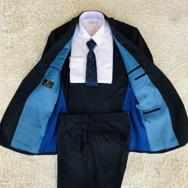 ランバン『紳士の品格』LANVIN COLLECTION　スーツ　セットアップ　テーラードジャケット　L　ネイビー　シャドーストライプ　シルク混_画像2