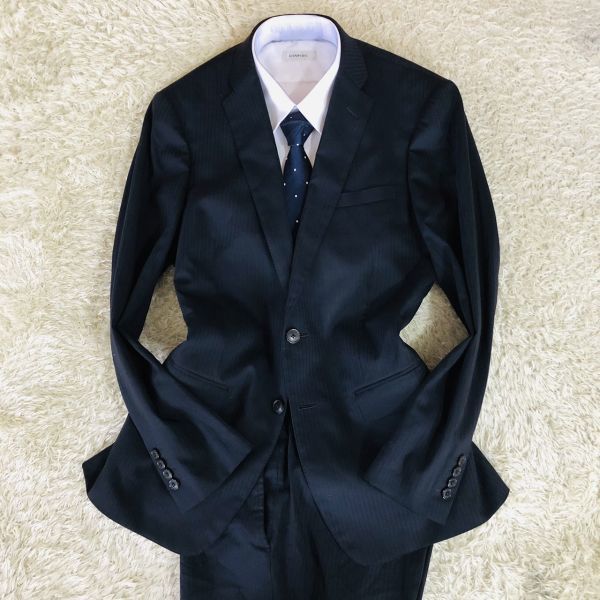 ランバン『紳士の品格』LANVIN COLLECTION　スーツ　セットアップ　テーラードジャケット　L　ネイビー　シャドーストライプ　シルク混_画像4