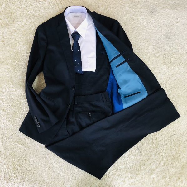 ランバン『紳士の品格』LANVIN COLLECTION　スーツ　セットアップ　テーラードジャケット　L　ネイビー　シャドーストライプ　シルク混_画像1