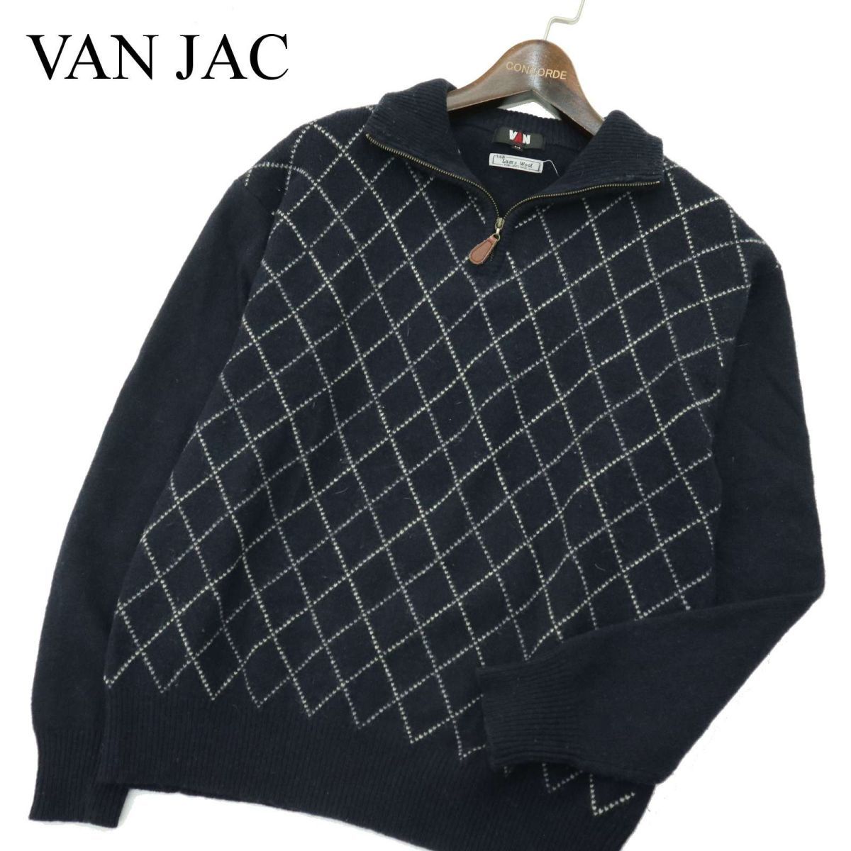 VAN JAC ヴァン ジャック 秋冬 ウール100%★ 格子柄 チェック ハーフジップ ニット セーター Sz.M　メンズ ネイビー　A3T13374_B#K_画像1