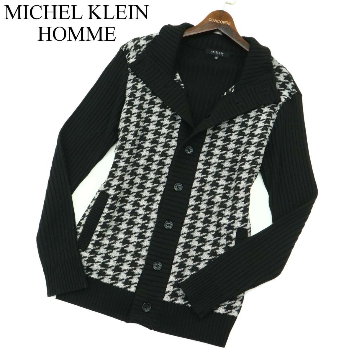 MICHEL KLEIN HOMME ミッシェルクラン オム ウール混★ 千鳥チェック 切替 リブ ニット カーディガン Sz.50　メンズ 日本製　A3T13339_B#N_画像1