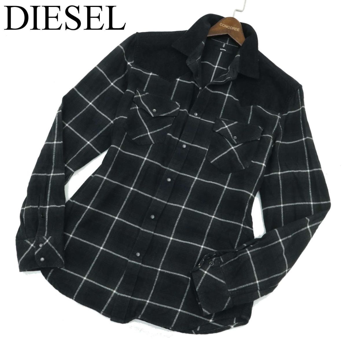 DIESEL ディーゼル 秋冬 切替★ 長袖 ウエスタン ウインドウペン チェック ネル シャツ Sz.XL　メンズ グレー　A3T13826_B#B_画像1