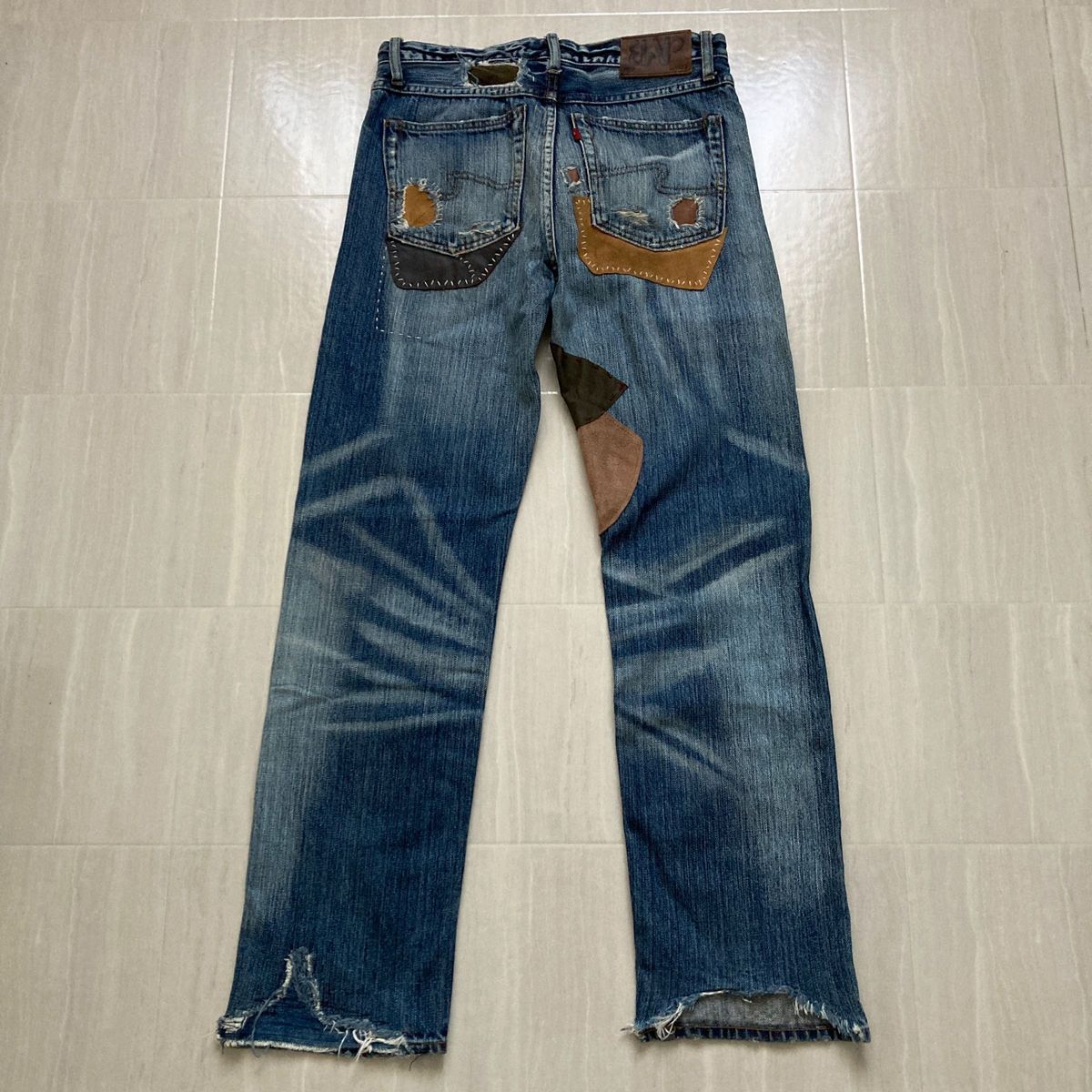 美品 ダメージデニム リペアデニム レザー デニムパンツ 美品 ダメージデニム リペアデニム レザー デニムパンツ