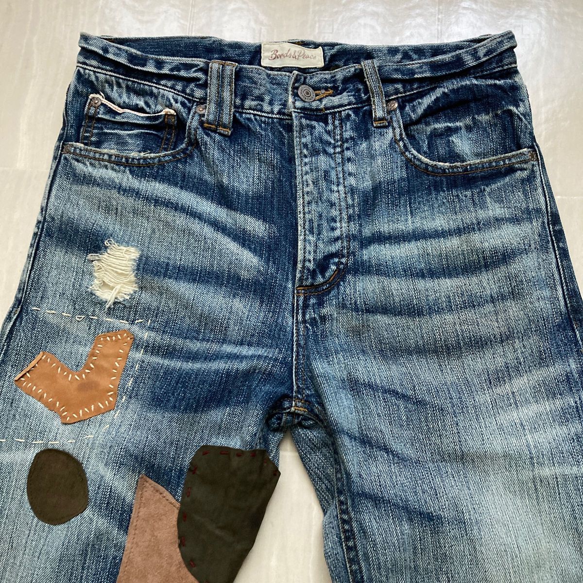 美品 ダメージデニム リペアデニム レザー デニムパンツ 美品 ダメージデニム リペアデニム レザー デニムパンツ