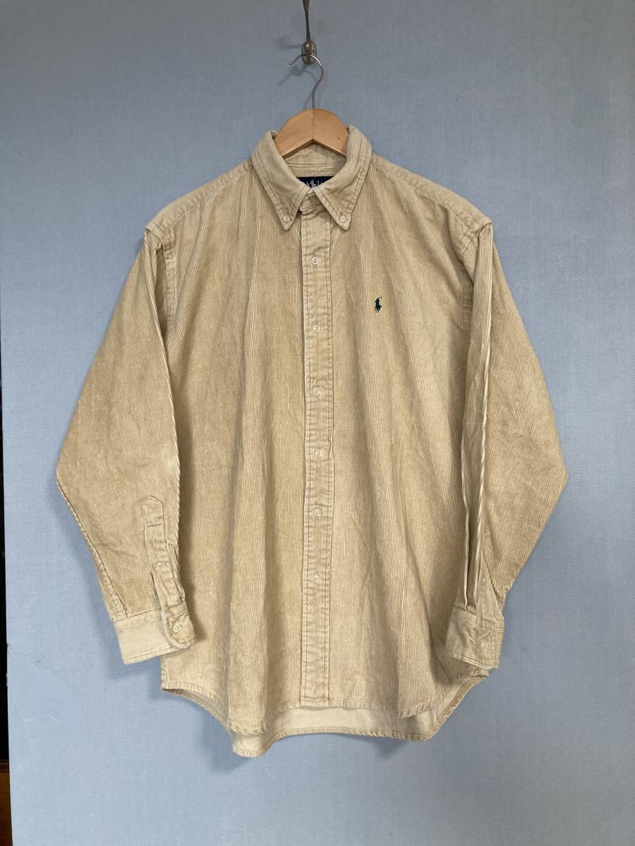 ★90s オールド Ralph Lauren ラルフローレン 長袖コーデュロイシャツ S ベージュ ボタンダウン 刺ポニー ワンポイント OLD ビンテージ