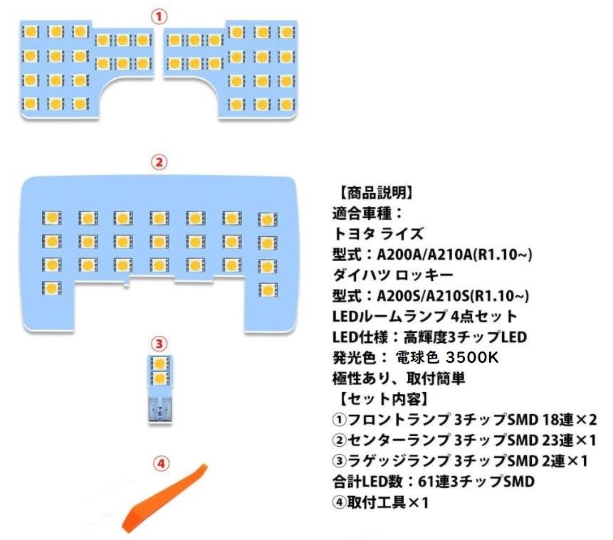 ライズ ロッキー RAIZE ROCKY LEDルームランプ 車検対応 電球色