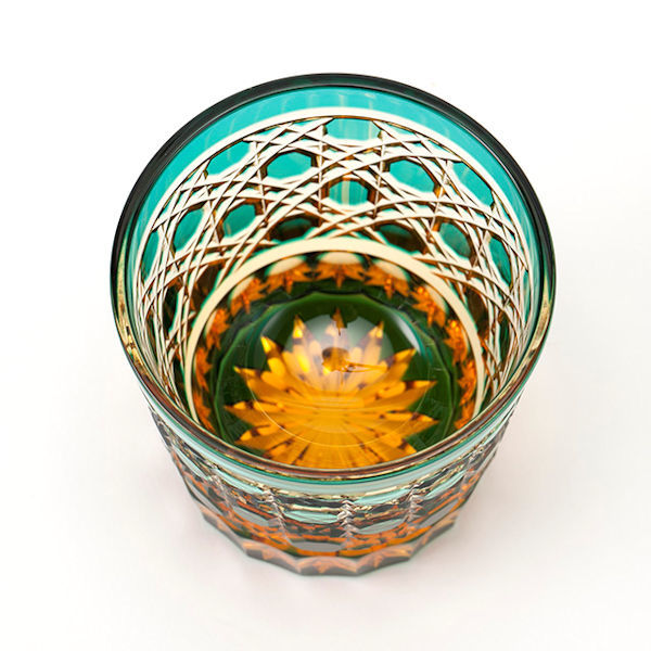 送料無料江戸切子アンバークリスタルミニロックグラス（緑）伝統工芸品 ロックグラス ぐい呑み（102）_画像4
