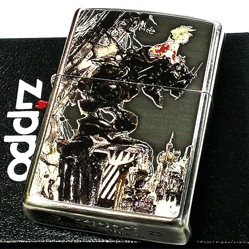 ZIPPO ライター 天野喜孝 街 ジッポ 銀いぶし アンティーク 両面加工 かっこいい 彫刻柄 重厚 おしゃれ ゲーム メンズ ギフト プレゼント_画像1