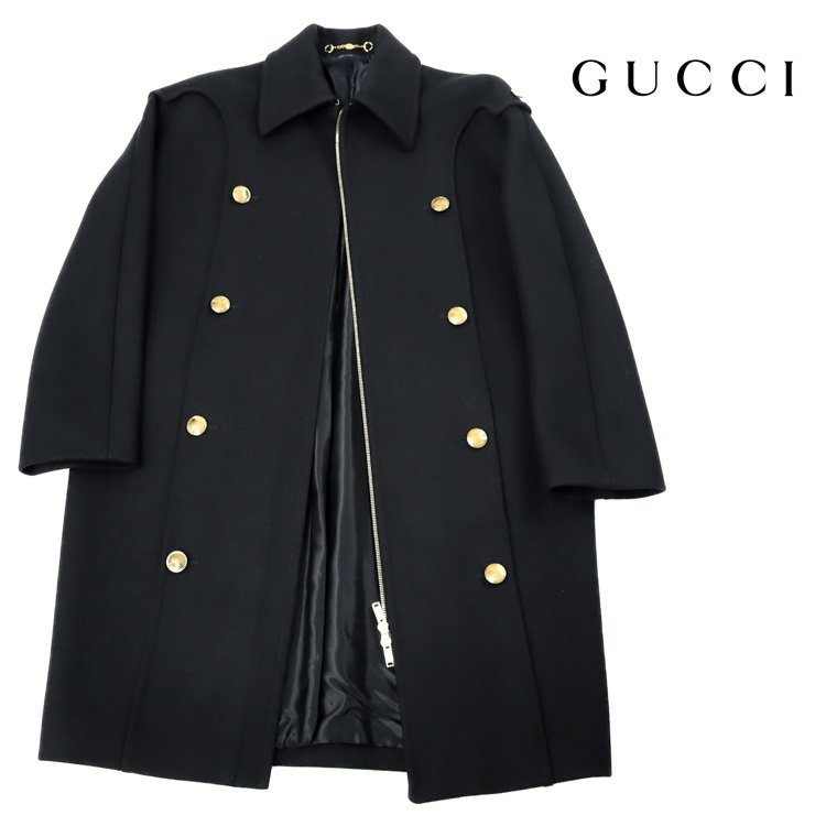 【1円/美品】グッチ GUCCI レディースコート ステンカラー ジップアップ Pコート 40 ラグラン 294959 毛100 3/4丈 ブラック ゴールド 32960_画像1