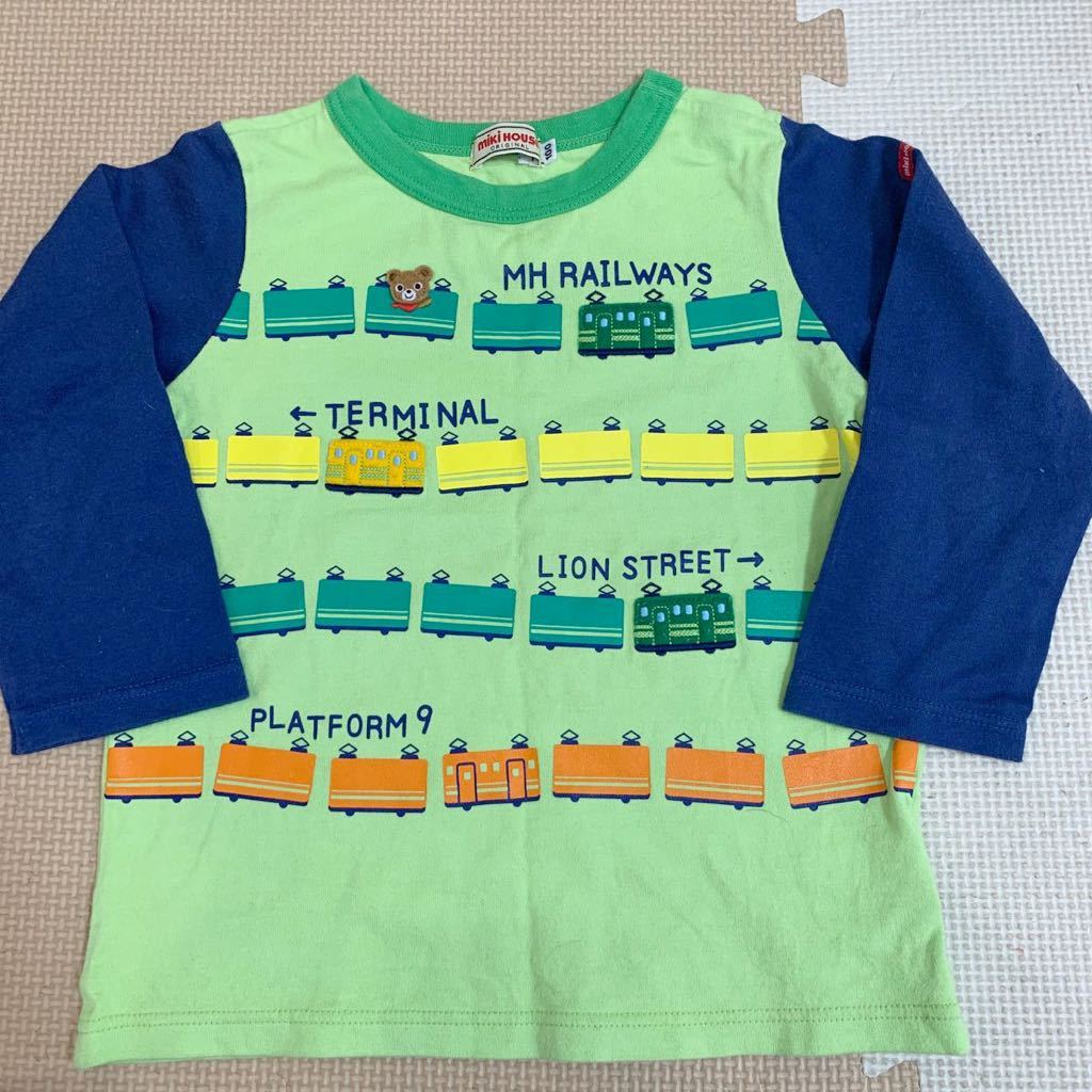 送料無料 美品 子供用 100cm ミキハウス MIKIHOUSE 長袖 Tシャツ 黄緑 電車 くま_画像1