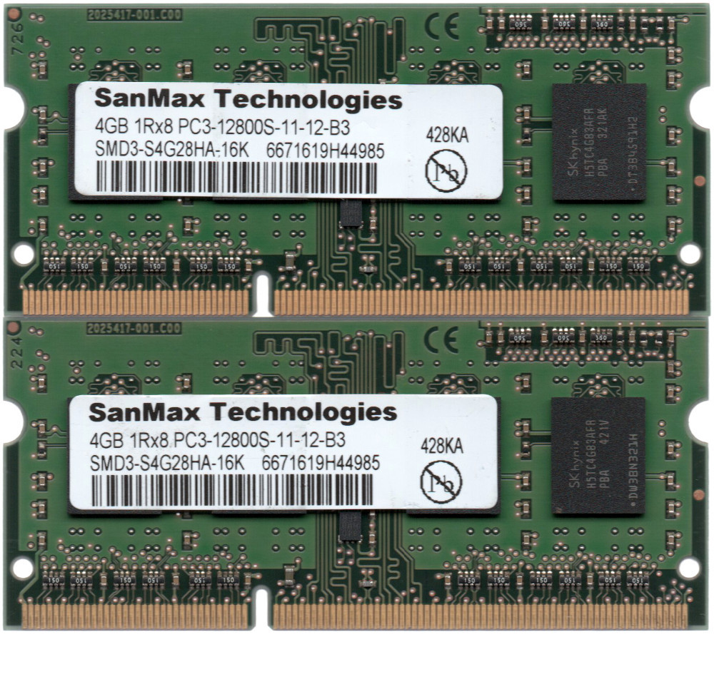 SanMax Technologies DDR3-1600 (PC3-12800S) 4GBx2枚 合計8GB ノートPC用 SMD3-S4G28HA-16K 両面実装(1Rx8) 動作確認済【中古】H813_写真の商品をお届けいたします！