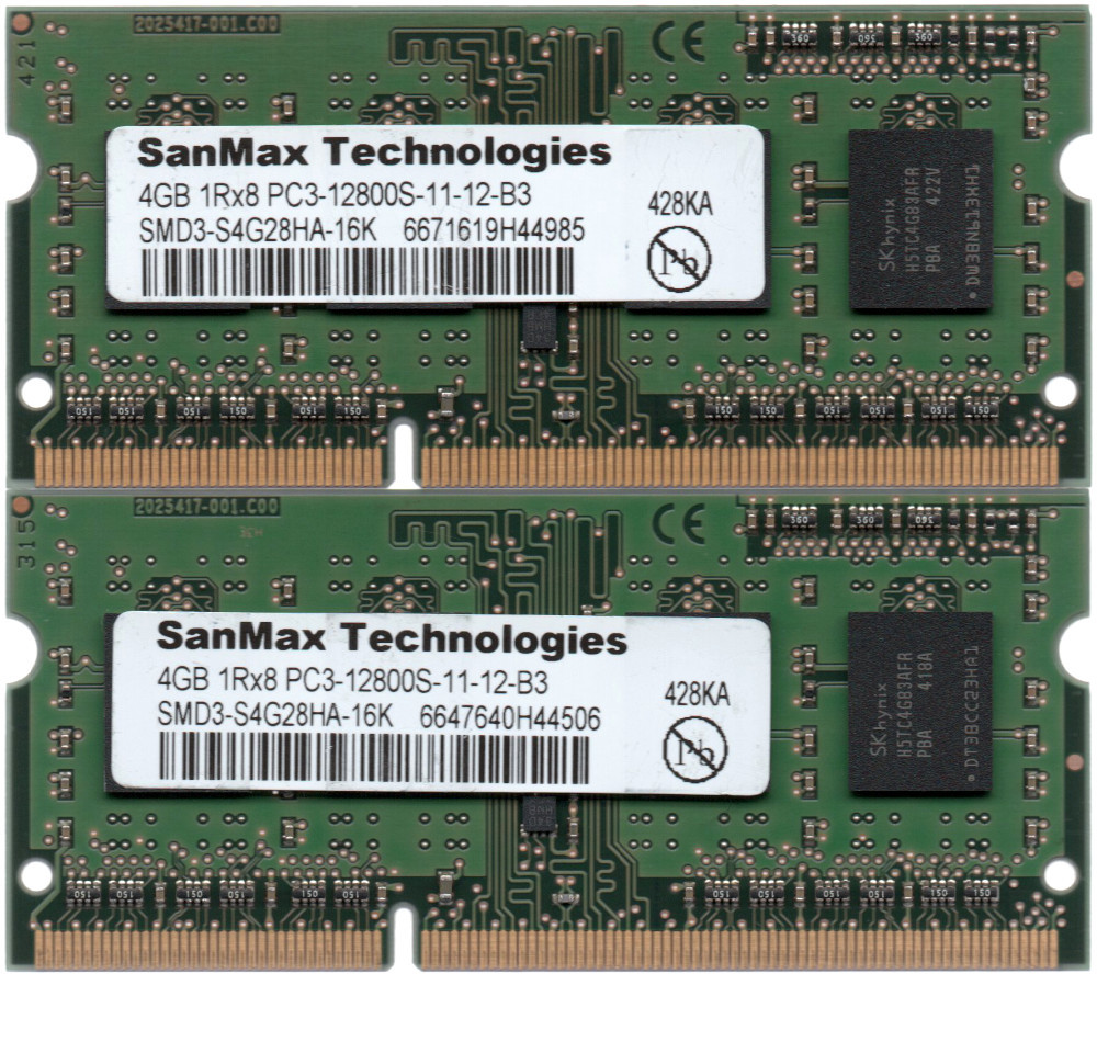 SanMax Technologies DDR3-1600 (PC3-12800S) 4GBx2枚 合計8GB ノートPC用 SMD3-S4G28HA-16K 両面実装(1Rx8) 動作確認済【中古】H812_写真の商品をお届けいたします！