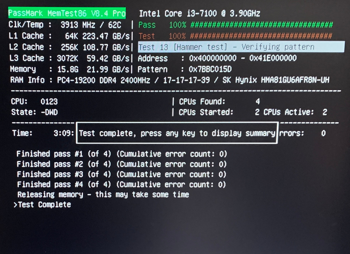 【DDR4 8GBx2枚 合計16GB デスクPC用】＜動作確認済＞SK hynix 4回パス確認！DDR4-2400T(PC4-19200U) HMA81GU6AFR8N-UH x2枚組【中古】H836_Memtestでの検査結果です。