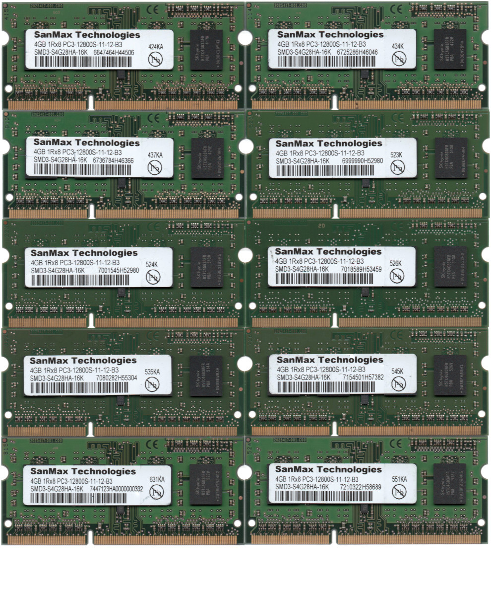 SanMax Technologies DDR3-1600 (PC3-12800S) 4GBx10枚 ノートPC用 SMD3-S4G28HA-16K 両面実装(1Rx8) 動作確認済品【中古】H833_写真の商品をお届けいたします！