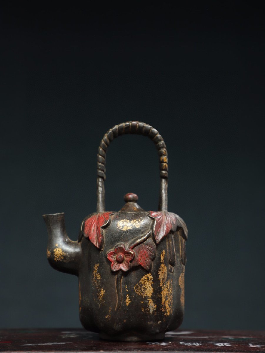 ◆古寳堂◆清 乾隆年製款 銅製 拓金 南瓜提梁壺 酒壺 酒器 極細工 古置物 古擺件 中国古美術 時代物 古董品