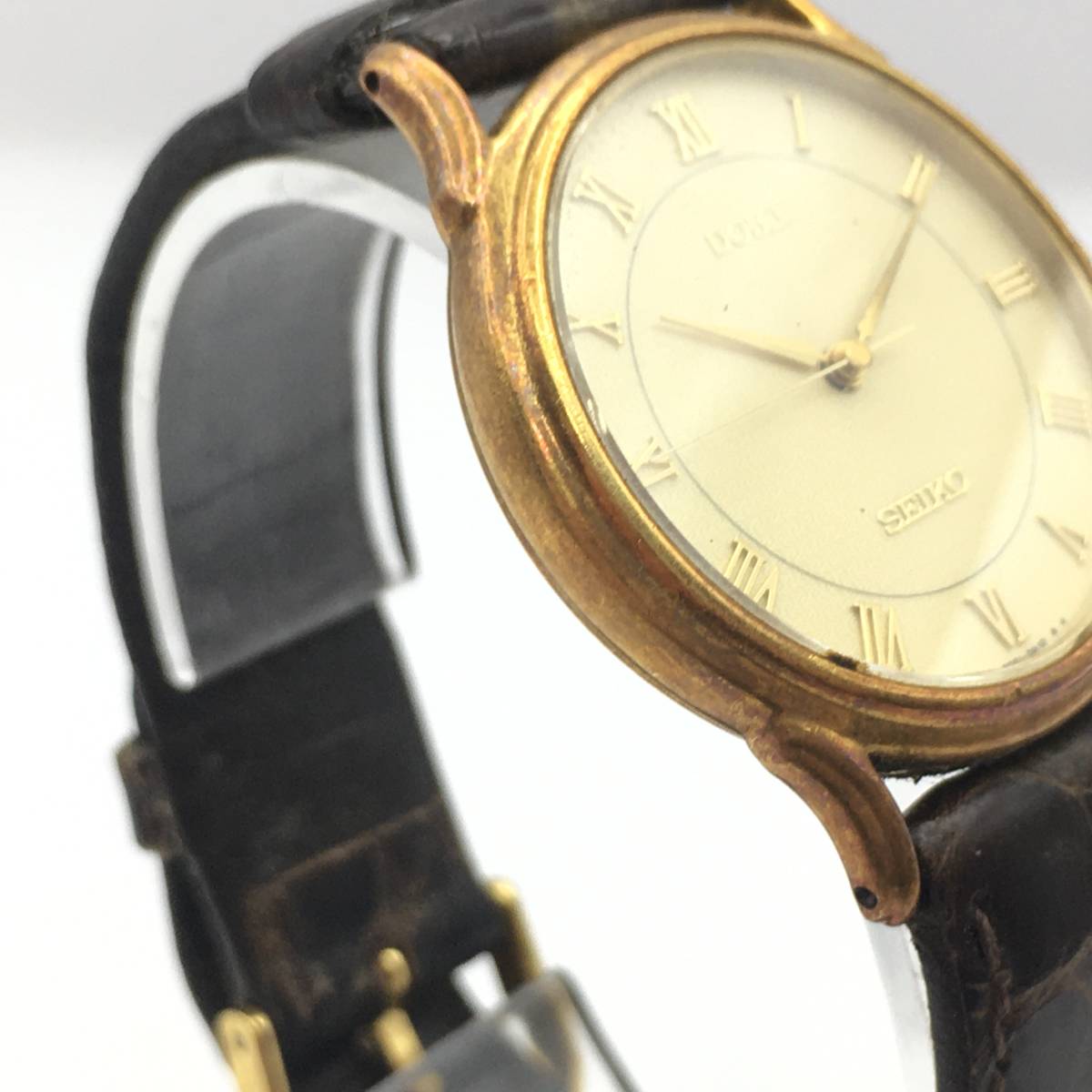 ◯N8-327 SEIKO/セイコー Dolce ドルチェ 3針 メンズ クォーツ 腕時計 レザーベルト 裏蓋18KT記載 5E61-0A10 【通電・動作確認済み】_画像5