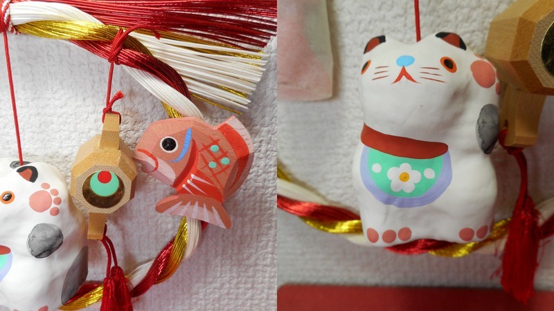 正月飾り　張り子　招き猫　張子人形　鯛　大入袋　打ち出の小槌　縮緬　巾着袋_画像9