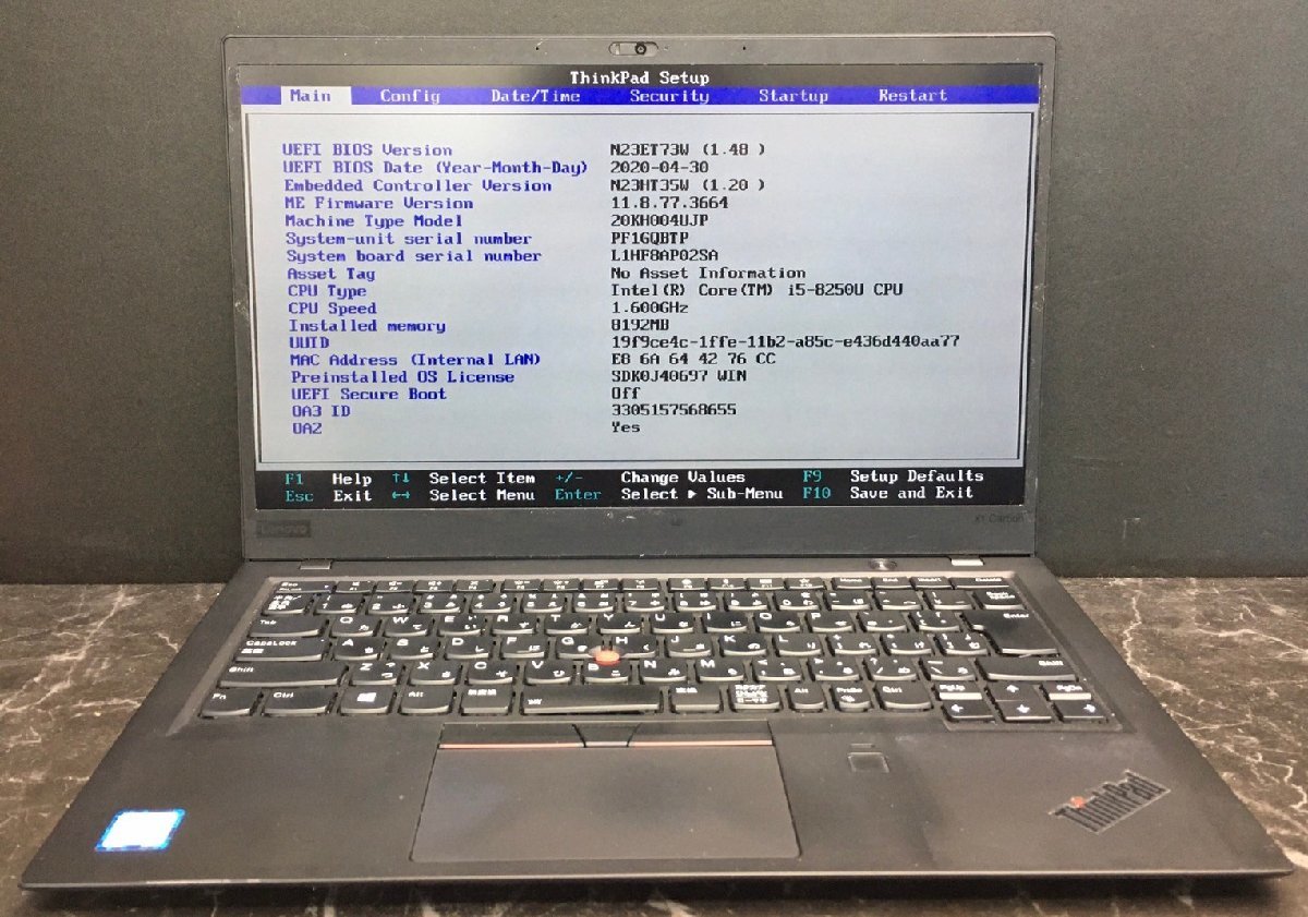 1円～ ■ジャンク LENOVO ThinkPad X1 Carbon / Core i5 8250U 1.60GHz / メモリ 8GB / ストレージ欠品 / 14型 / OS無 / BIOS起動可_画像1