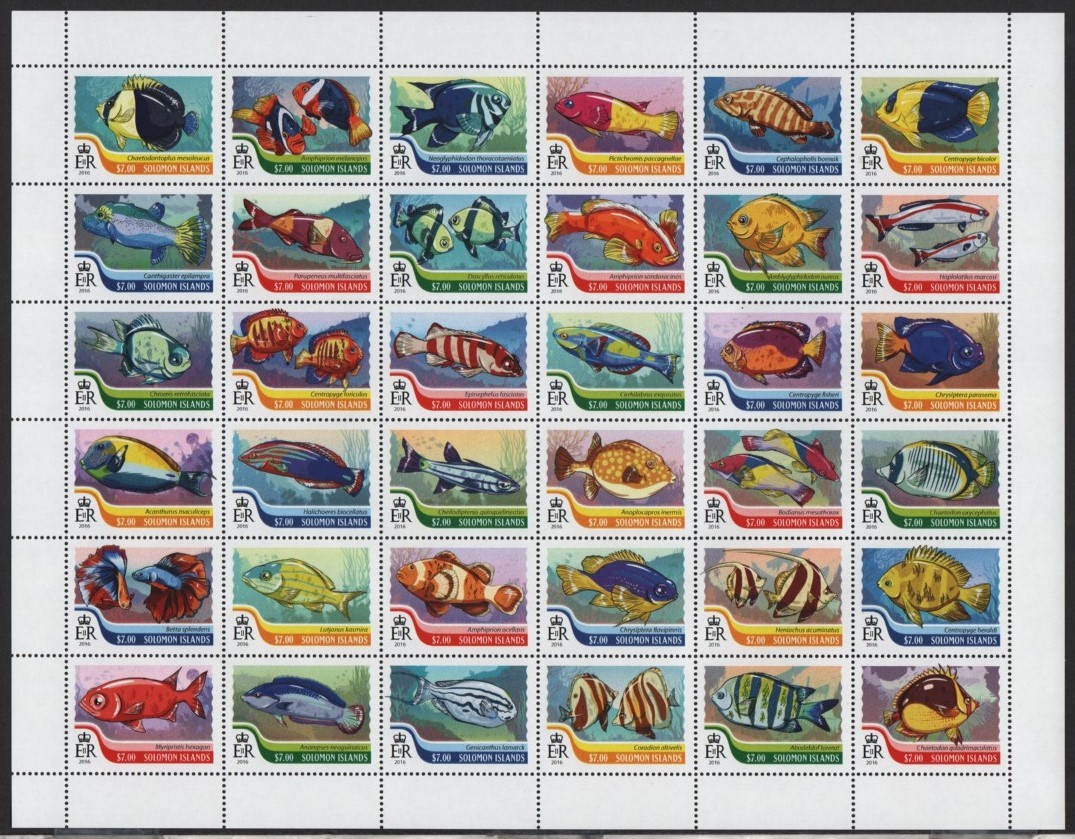 14 ソロモン諸島【未使用】＜「2016 海洋生物・魚」　小型シート（36種連刷・組合せ）＞_画像1