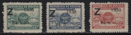 24 ボリビア【未使用】＜「1930 SC#C24-26（航空）グラーフ・ツェッペリン号 南米初飛行記念 加刷」　３種完 ＞_画像1