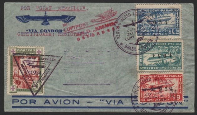 26【エンタイヤ】＜ 1934 グラーフ・ツェッペリン号 南米定期飛行「パラグアイ切手4種貼」アスンシオ→フリードリヒスハーフェン ＞_画像1