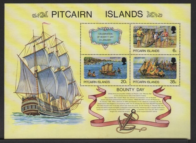 11 ピトケアン諸島【未使用】＜「1978《バウンティ》デー」　小型シート（3種ラベル1枚連刷・組合せ）＞_画像1