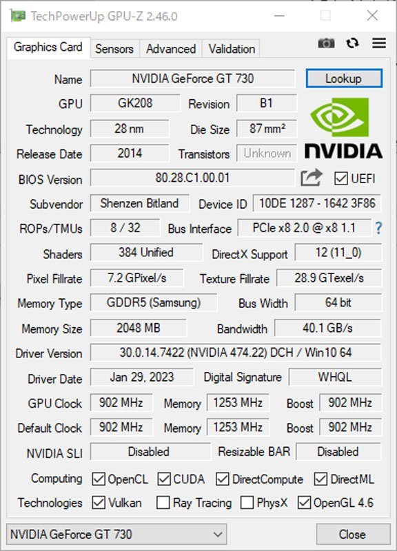 動作確認済 中古グラフィックカード Vista～Win11 LINUX ★ Shenzen Bitland GeForce GT 730 GDDR5 2GB 64bit DisplayPort*2 #1715-K_画像4