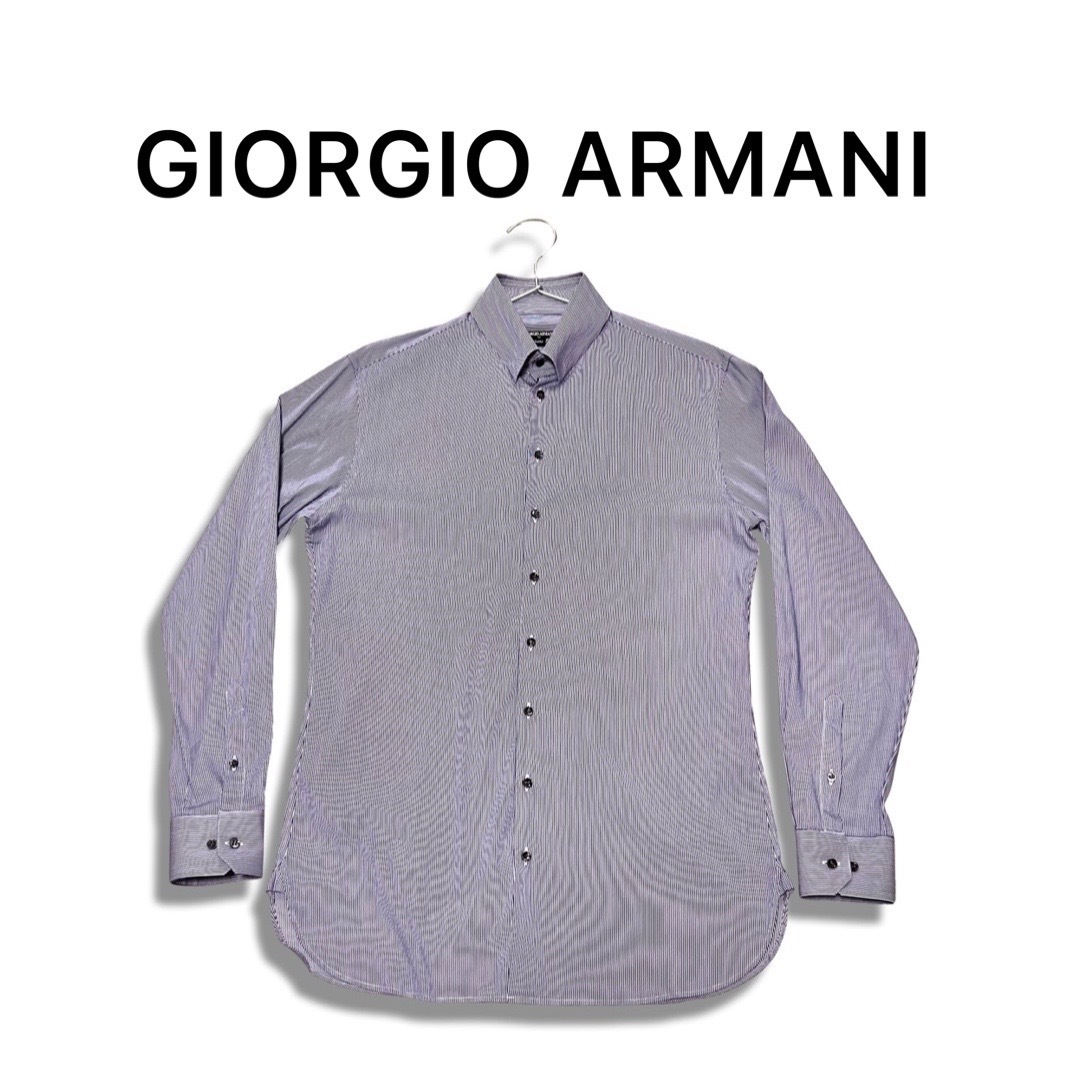 GIORGIO ARMANIjoru geo Armani маленький полоса рисунок стрейч длинный рукав рубашка темно-синий белый size 41 мужской внутренний стандартный 