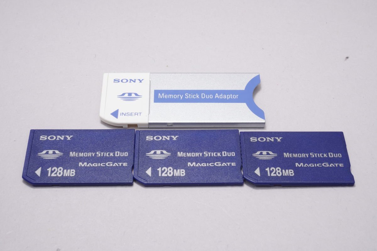 Memory Stick Duo 128MB MSH-M128 3個 + Memory Stick Duo アダプタ MSAC-M2 ■SONY★Joshin(ジャンク)386U【1円開始・送料無料】_画像1