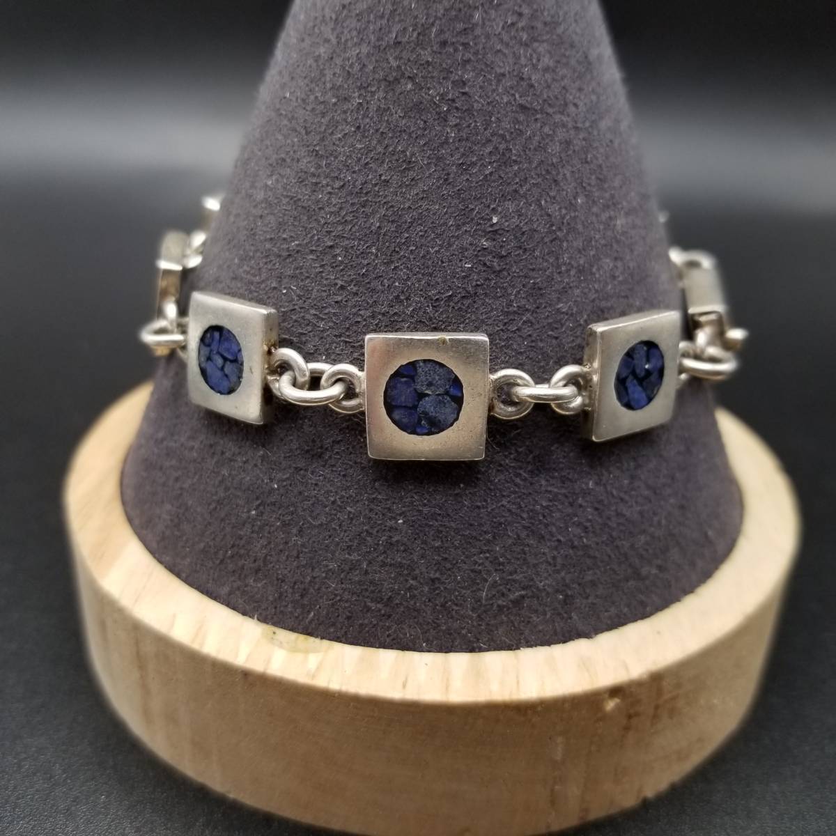 メキシコ TAXCO タスコ クラッシュ ストーン スクエア チェーン 925 ヴィンテージ シルバー ブレスレット バングル ジュエリー 輸入 Y10-V