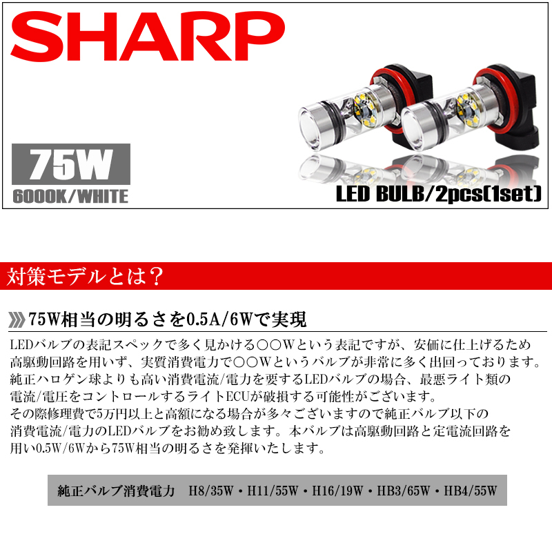 MH23S/MH34S/MH44S ワゴンR スティングレー含む LED フォグランプ H8 75W SHARP プロジェクター発光 6000K/ホワイト/白 車検対応☆_画像2